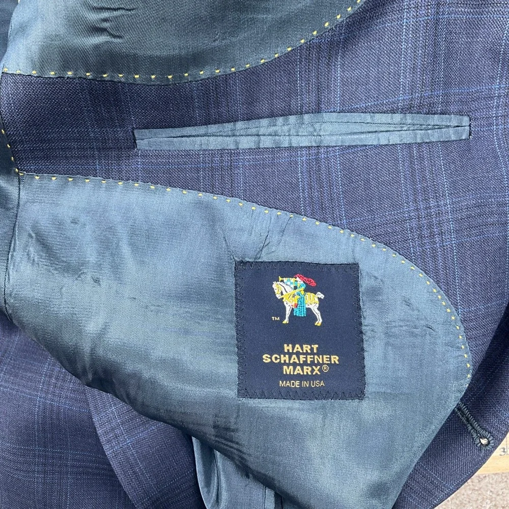 Hart Schaffner Marx Blazer Men 44L Blue Plaid‎ Two Button VTG Union USA Jacket